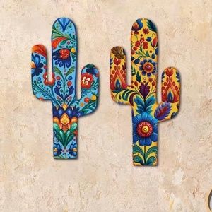 New Mexican Style Cactus Wooden Decoration Set of 2